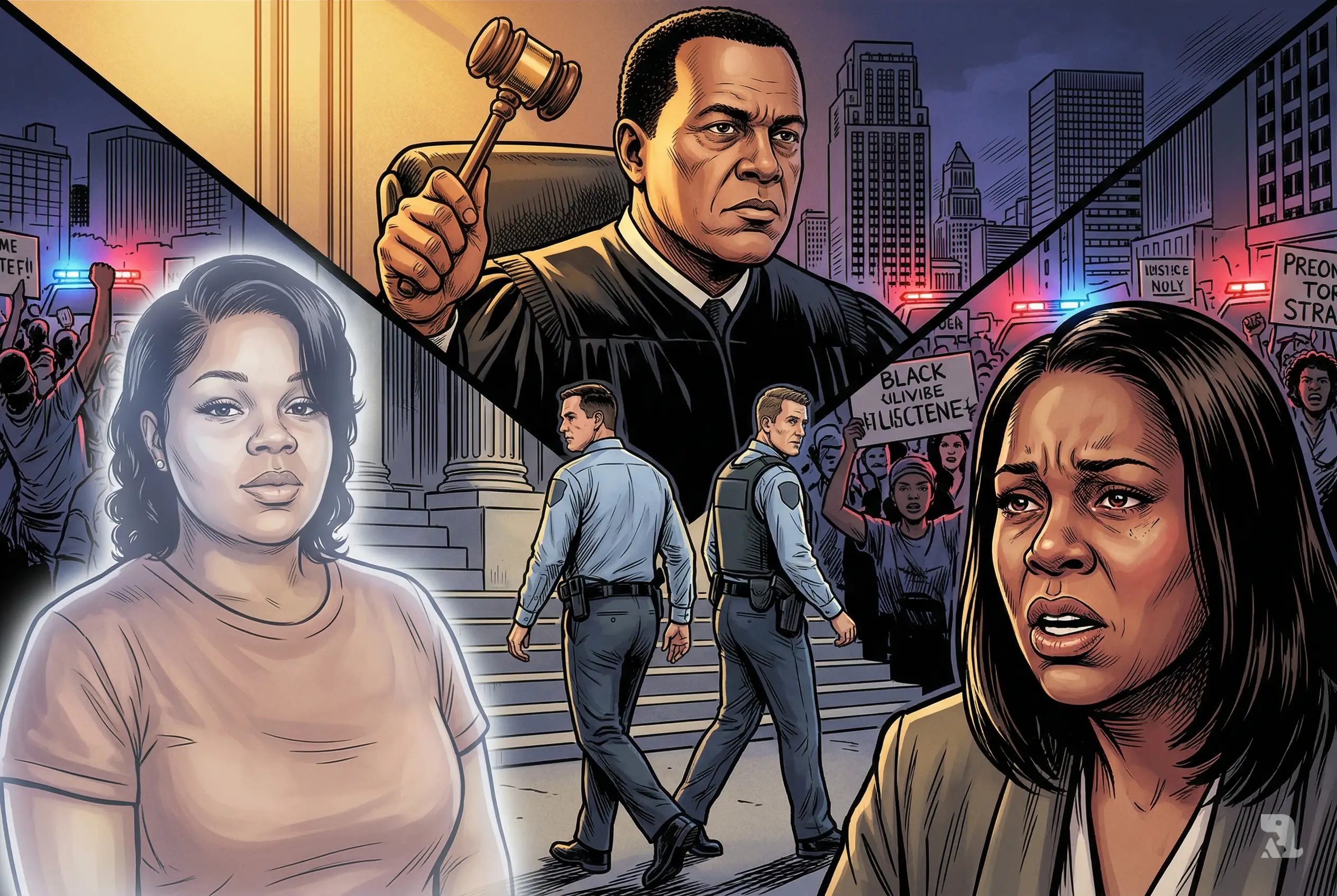 Judge dismisses Breonna Taylor case as grieving mother reacts, officers walk away, and protest erupts in background highlighting justice controversy and public outrage.