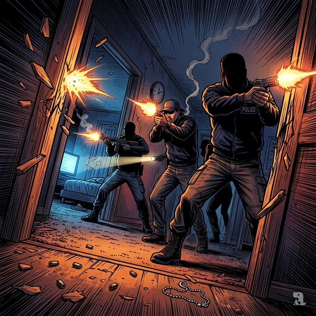 Muzzle flashes illuminate a splintered apartment door frame; three officers in tactical gear raid the hallway at 3 a.m.
