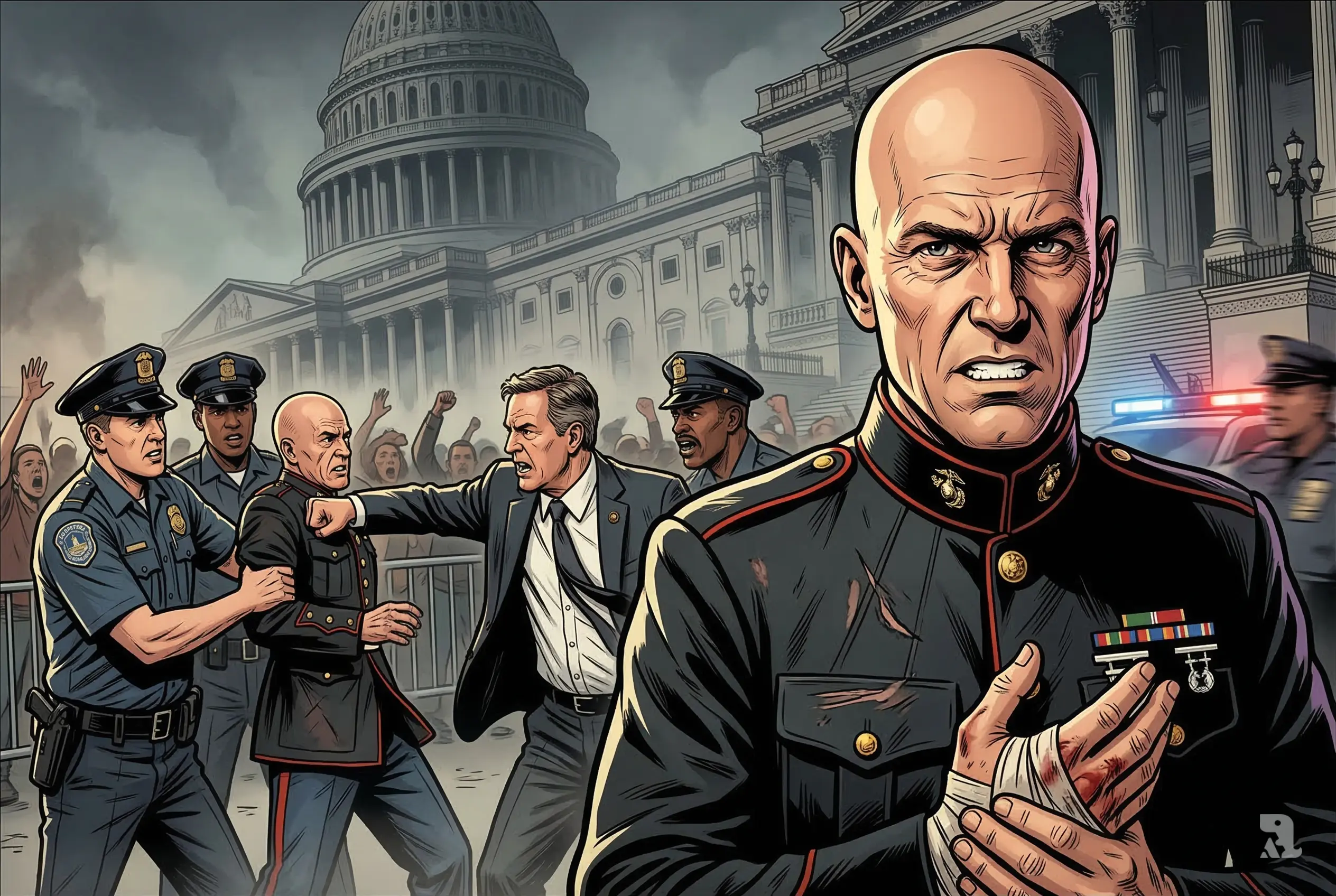 Bald Marine veteran Brian McGinnis injured during Capitol protest, police and congressman confronting him while tense crowd gathers outside US Capitol building.