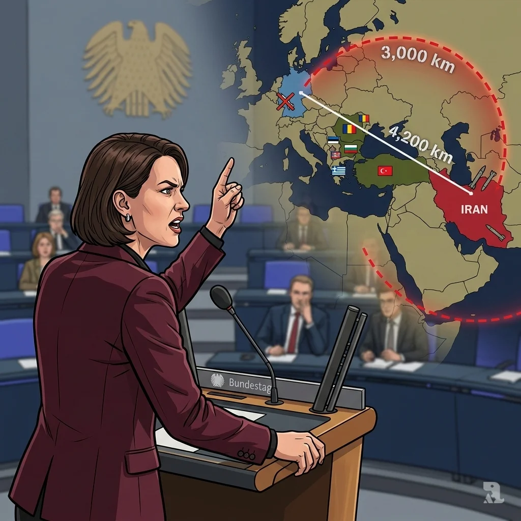 Opposition MP Lea Reisner protesting in Bundestag alongside map showing Iran's missile range falling short of Ramstein Air Base.