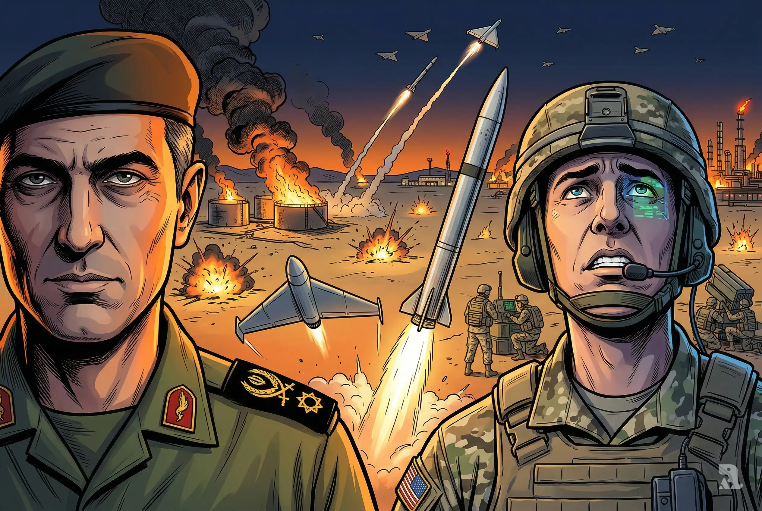 Close-up cinematic thumbnail showing an Iranian commander and a US Patriot operator facing each other while Shahed drones swarm and Patriot missiles launch over burning Middle East oil facilities.