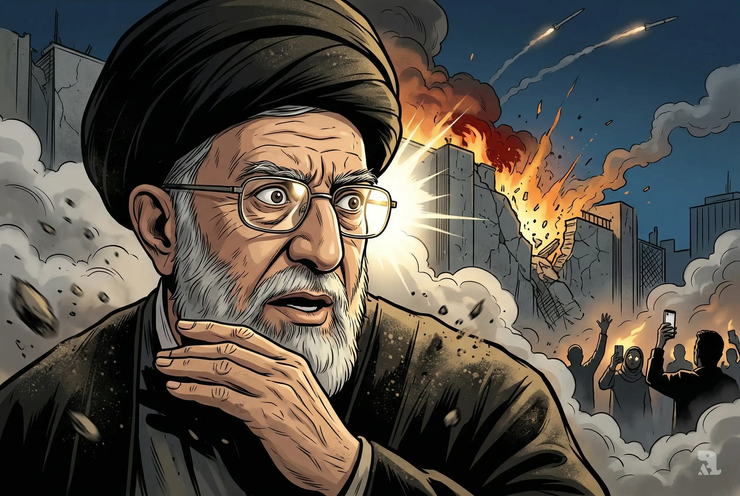 Close-up cinematic comic-style illustration of Ayatollah Khamenei during explosion at Tehran Leadership House with burning compound and protesters in background.