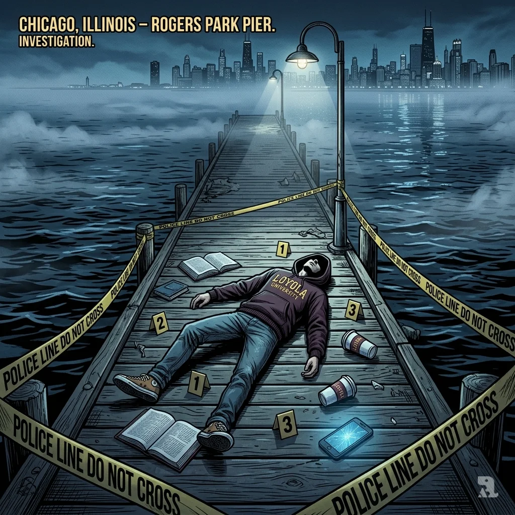 Police tape surrounds a victim's belongings on a Chicago pier as Lake Michigan stretches into the darkness.