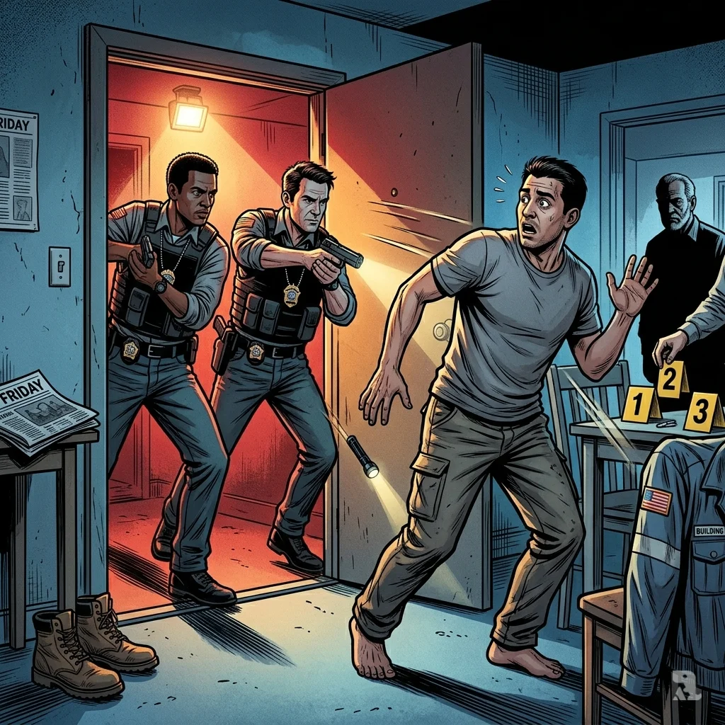 Detectives apprehend a suspect in a doorway, illuminated by harsh hallway lights during a tactical entry.