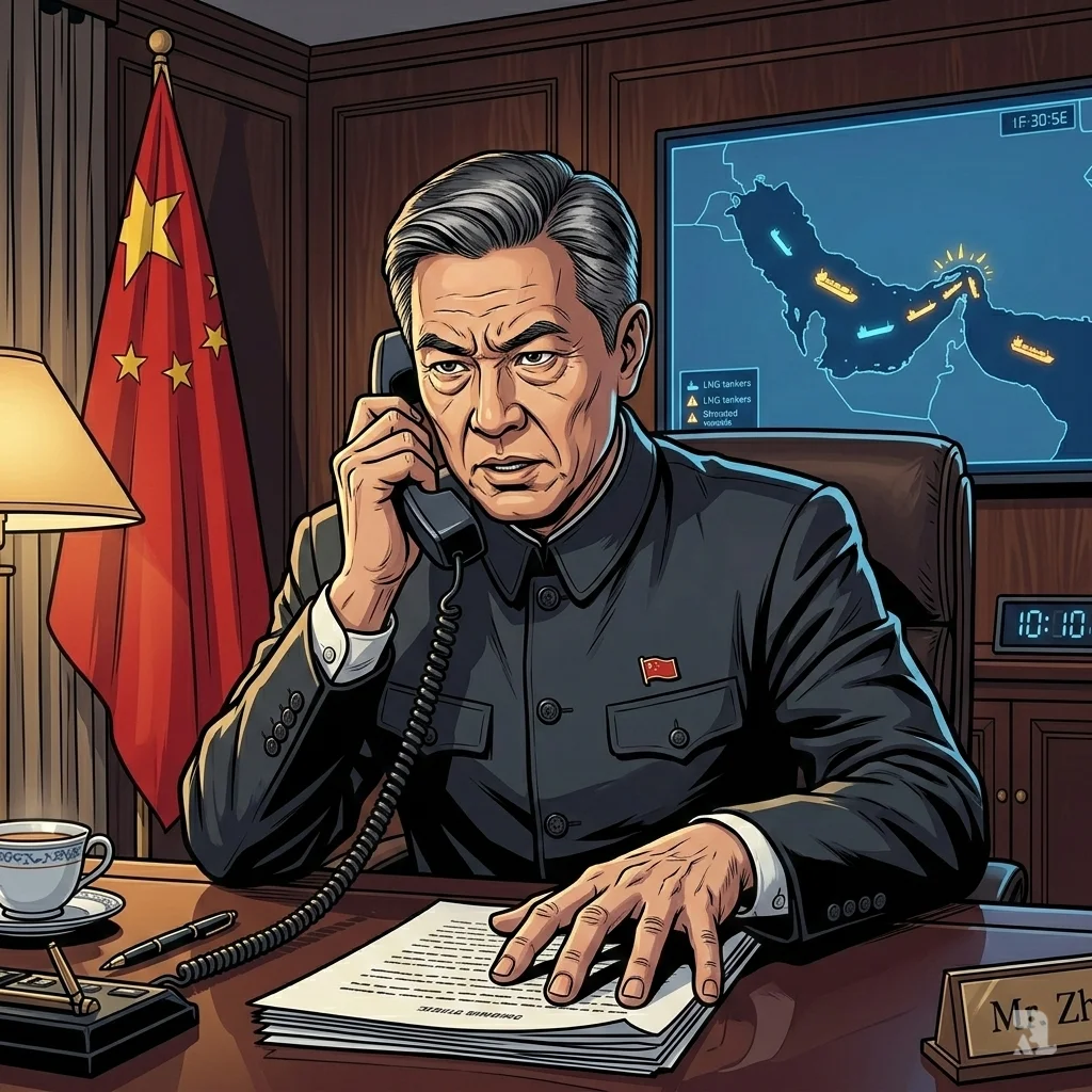 Close-up of a senior Chinese diplomat speaking urgently on a phone. A digital map behind him shows stranded LNG tanker positions in the Strait of Hormuz.
