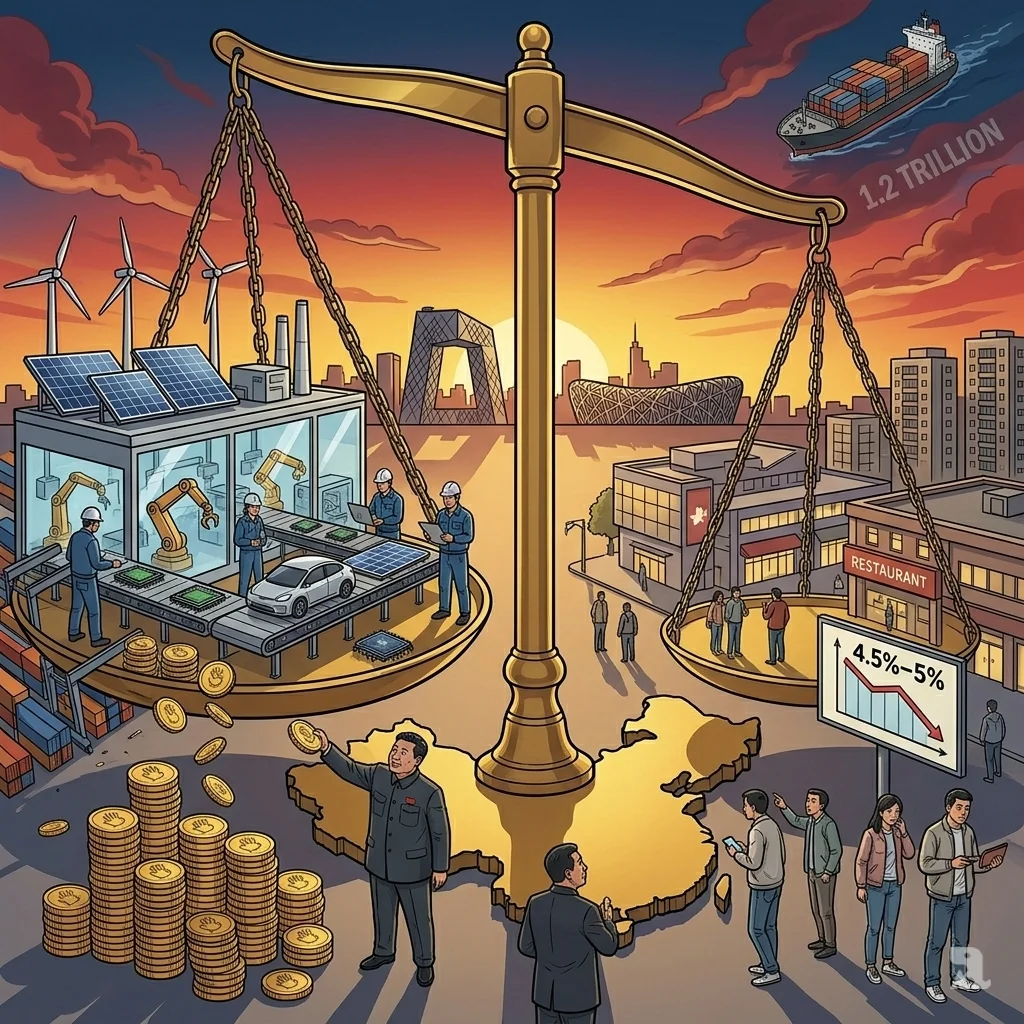 Low-angle monumental golden balance scale over China map outline tilts toward subsidized high-tech factory with robots producing semiconductors, EVs, solar panels; lighter consumer side shows dim malls, worried shoppers eyeing 4.5-5% growth chart against Beijing sunset skyline.