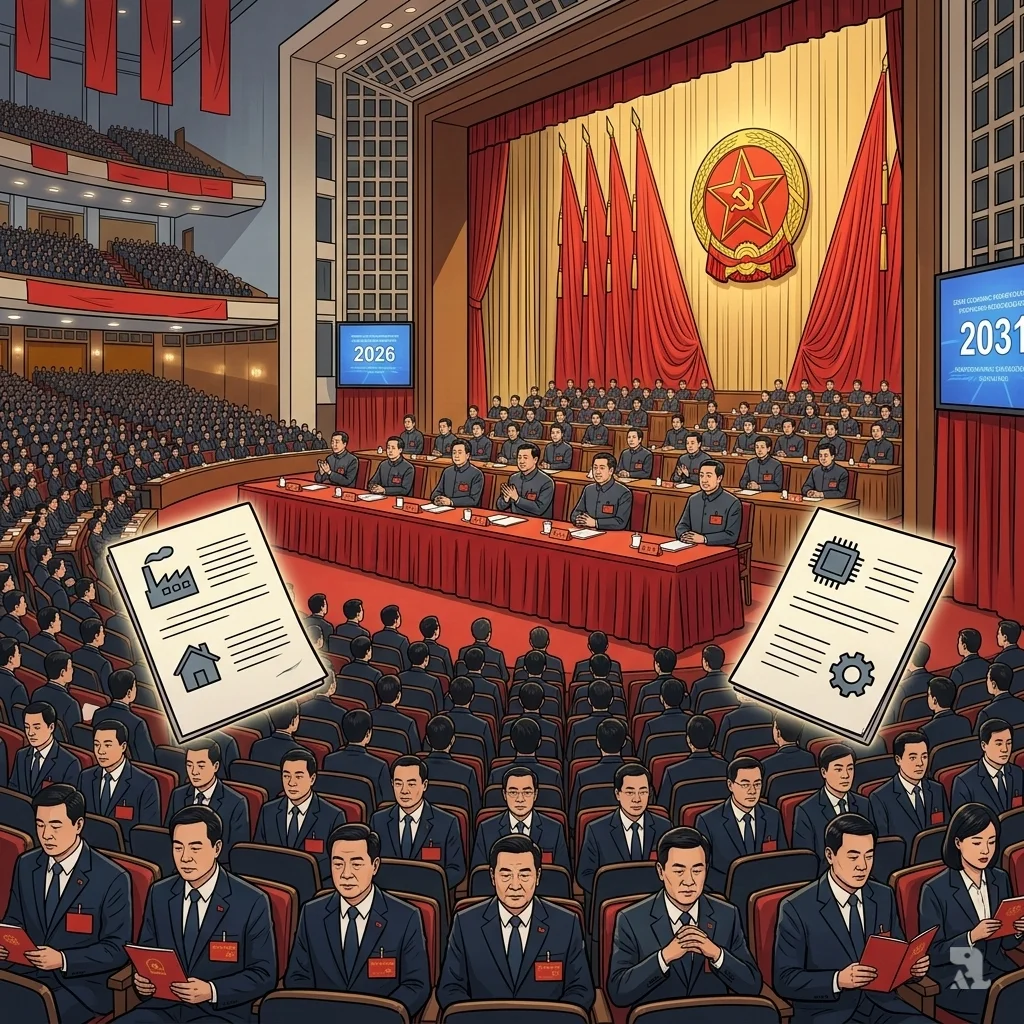 Wide interior view of Beijing's Great Hall of the People during National People's Congress, with thousands of suited delegates seated attentively under glowing national emblem; screens display 2026 domestic market and 2031 tech plans, red banners overhead emphasizing economic unveiling.