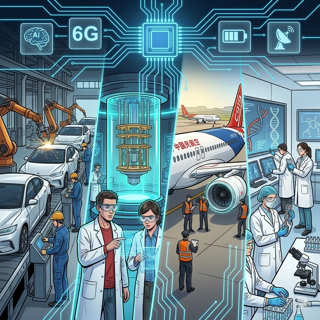 Panoramic showcase of China's tech advances: EV factory robots assembling vehicles, quantum lab scientists monitoring processor, C919 jet on tarmac with ground crew, biotech researchers analyzing DNA; connected by circuits with AI, 6G, battery, satellite icons converging on semiconductor goal.