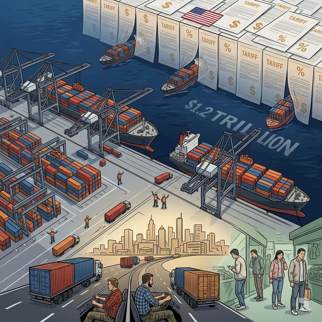 Aerial port view of docked cargo ships stalled by translucent tariff document barrier stamped with dollar signs and U.S. flag; inland trucks redirect containers to subdued consumer district with hesitant shoppers, watermark shows $1.2 trillion trade surplus amid export reliance.