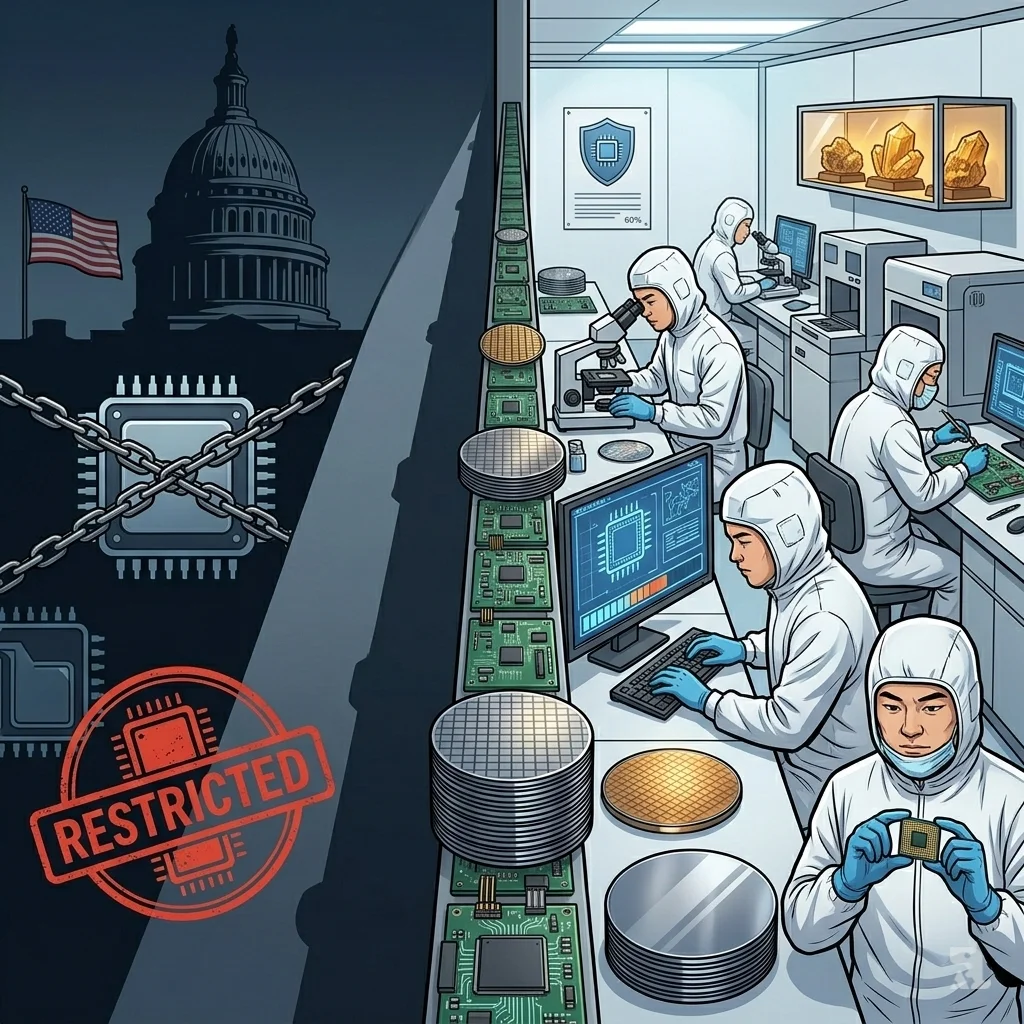 Split-view tech rivalry: darkened U.S. Capitol silhouette with restricted chip icons and chains behind barrier wall; brighter Chinese cleanroom shows engineers in bunny suits soldering wafers, analyzing blueprints, holding prototypes amid rare earth samples, highlighting self-sufficiency push.