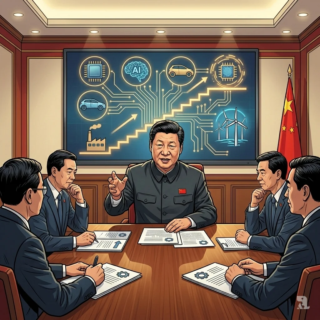 Xi Jinping in charcoal Mao-collar suit gestures emphatically at NPC delegation table in Beijing meeting room, provincial officials note-taking; rear screen shows microchip, robot, EV, DNA, satellite icons linked by circuits, symbolizing shift to tech-driven economy.