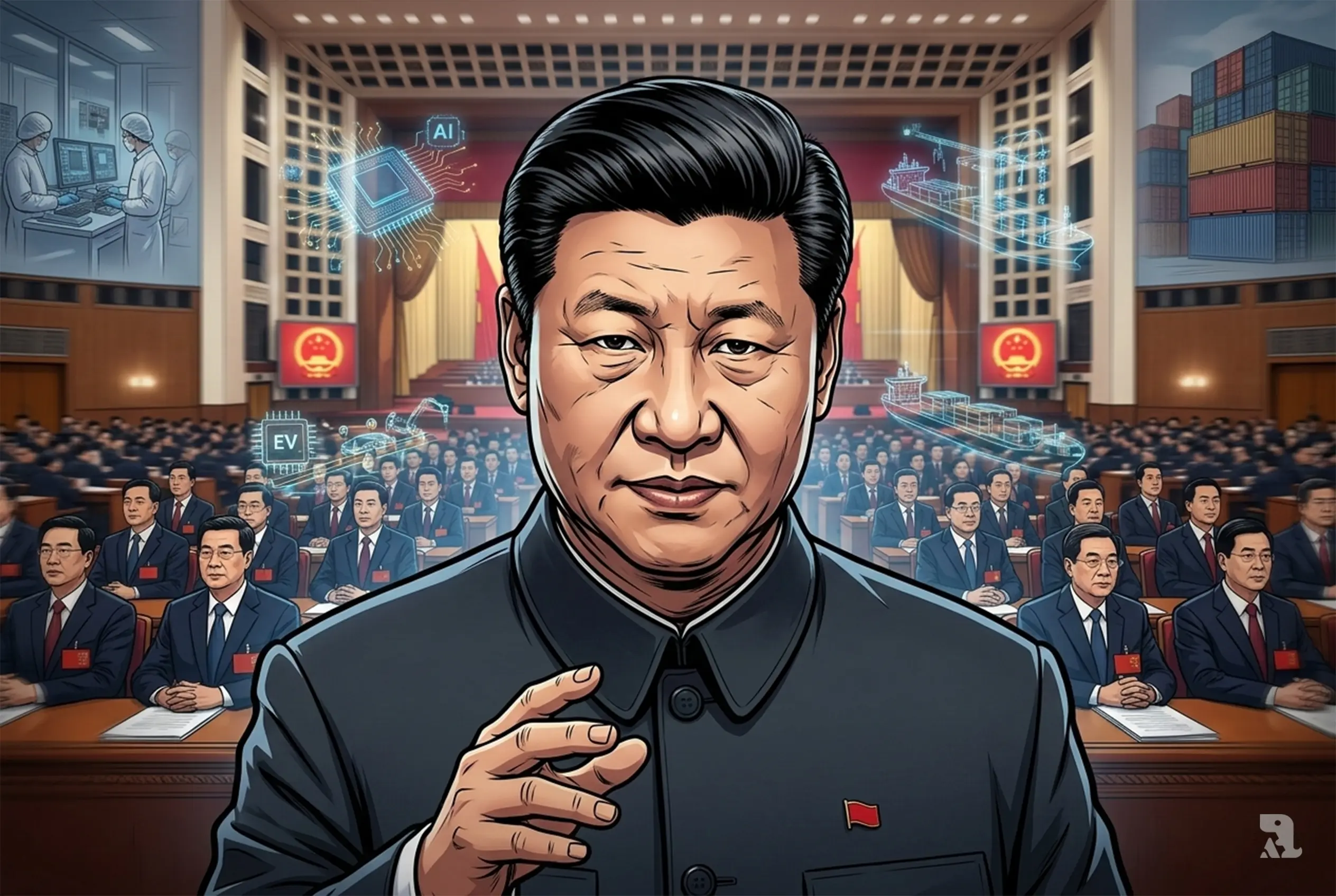 Xi Jinping close-up inside Beijing’s Great Hall, delegates behind him, tech and trade visuals blending, symbolizing China’s technology push and economic pressure.