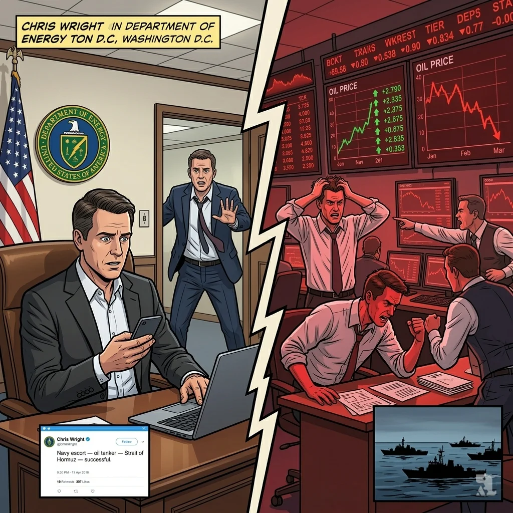 A split panel shows Energy Secretary Wright realizing his false social media post caused a market crash, while Iranian mine-laying vessels approach the strait.