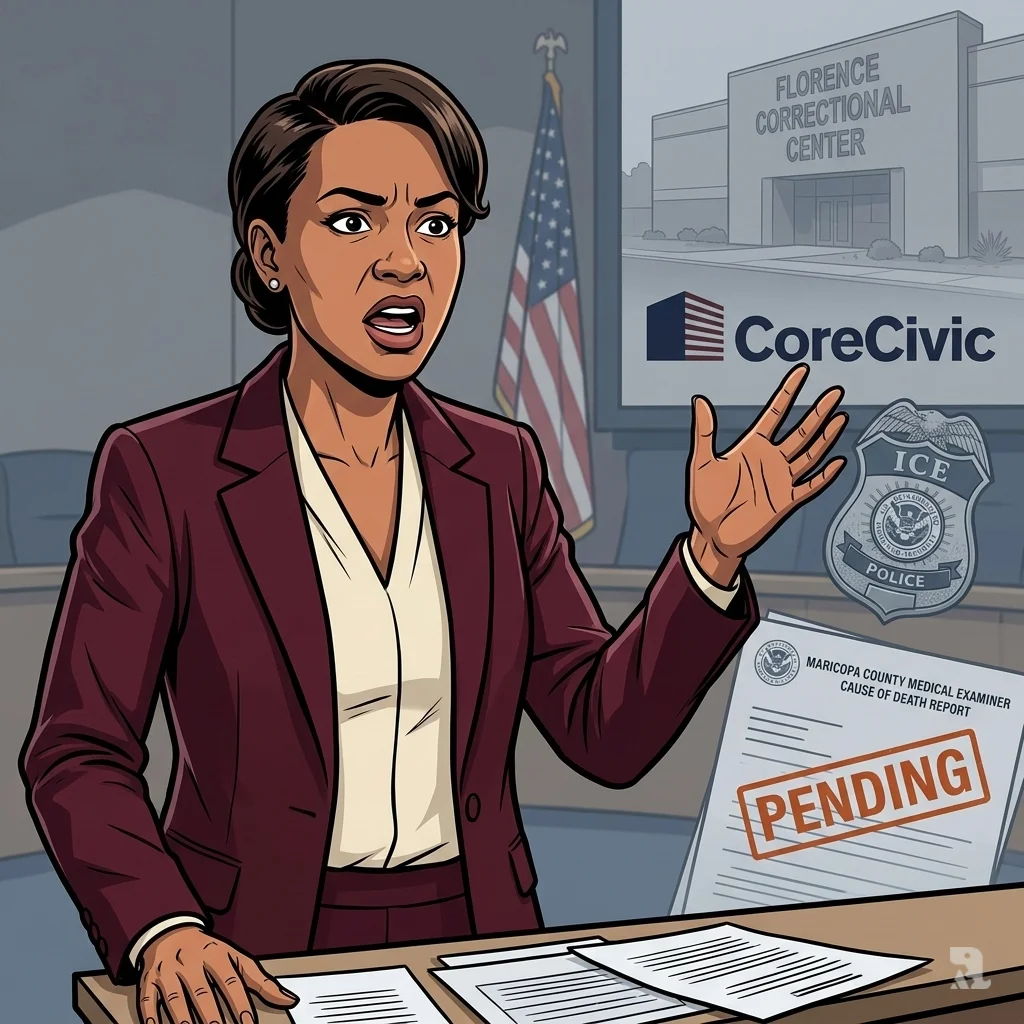 Christine Ellis, a city council member and nurse, gestures emphatically with background elements showing the CoreCivic and ICE logos and a 'PENDING' stamp.