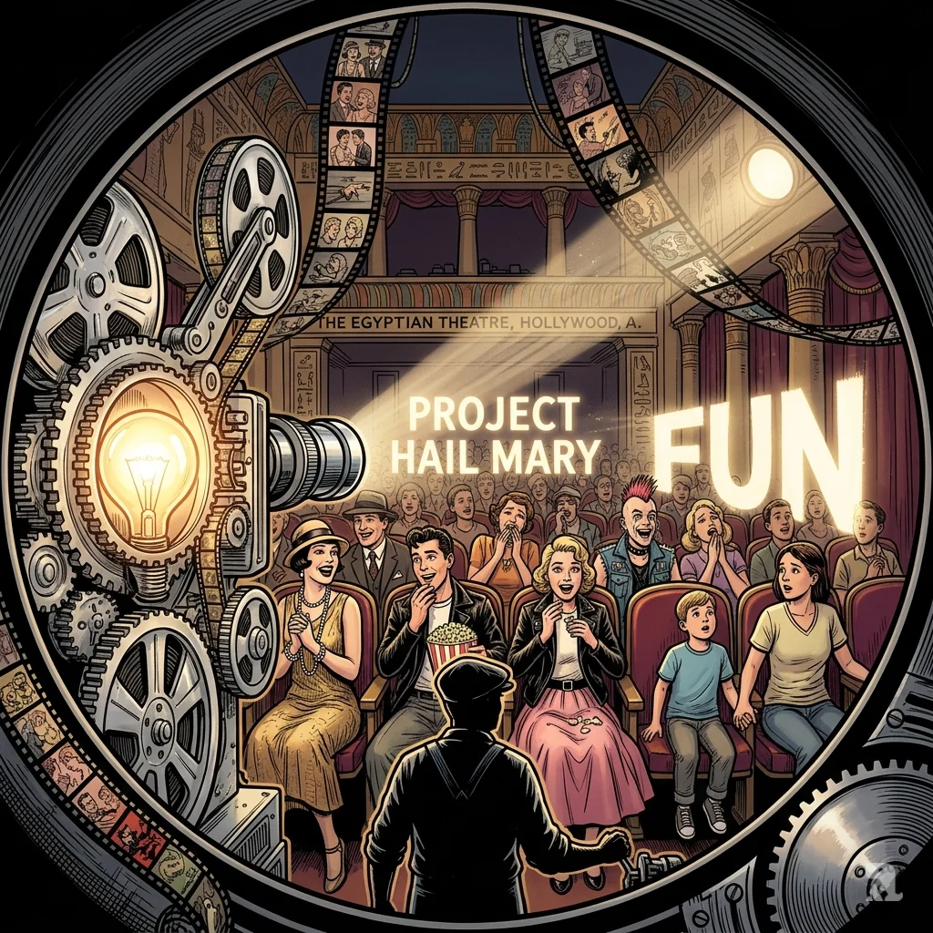 View from inside a vintage film projector looking out at a theater audience spanning decades, laughing under a beam of light.