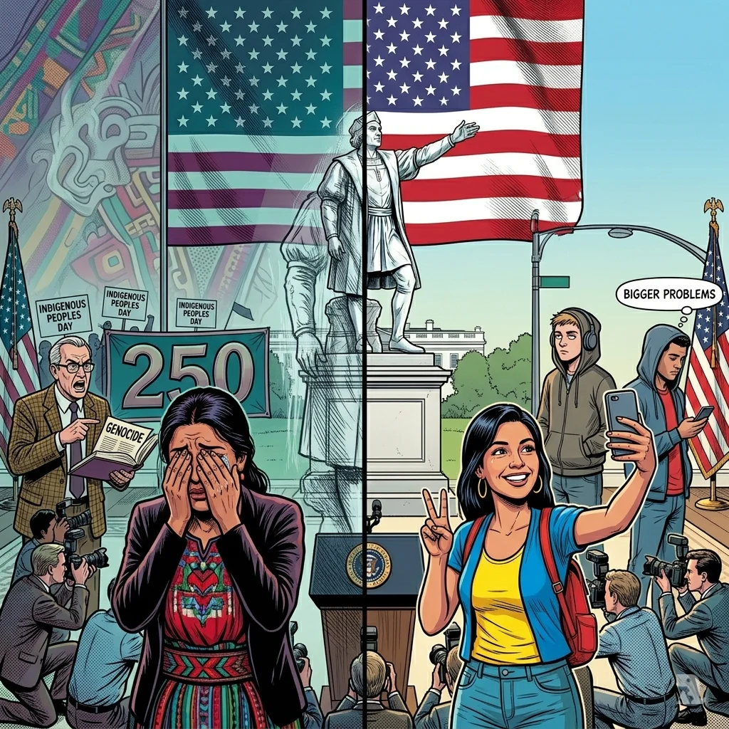 Split image of Columbus statue showing Guatemalan-American woman grieving and tourist taking selfie, reflecting national divide.