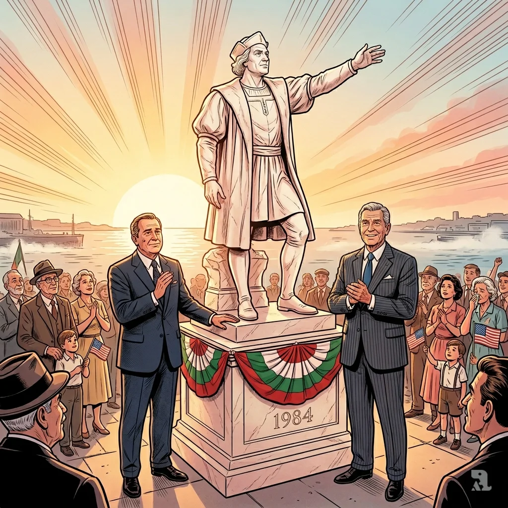 1984 dedication of Columbus statue in Baltimore with President Reagan and Mayor Schaefer, Italian-American crowd.