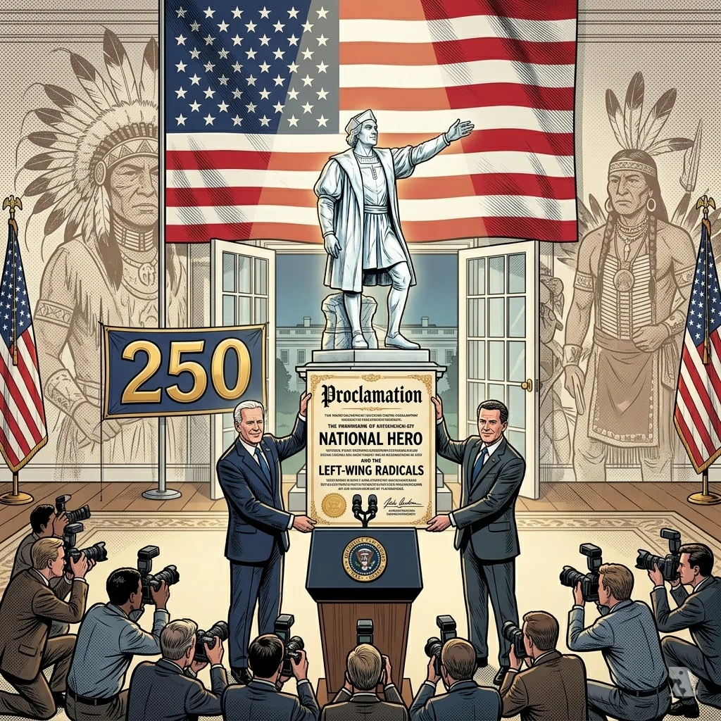 Presidential proclamation ceremony with Columbus statue, American flag, and ghostly indigenous overlay.