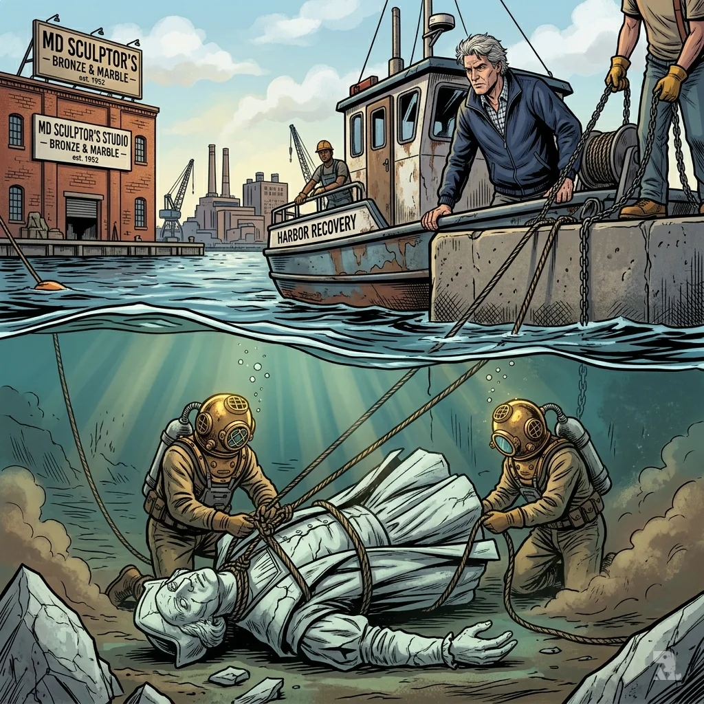 Divers recovering broken Columbus statue fragments from Baltimore harbor with salvage boat and John Pica.
