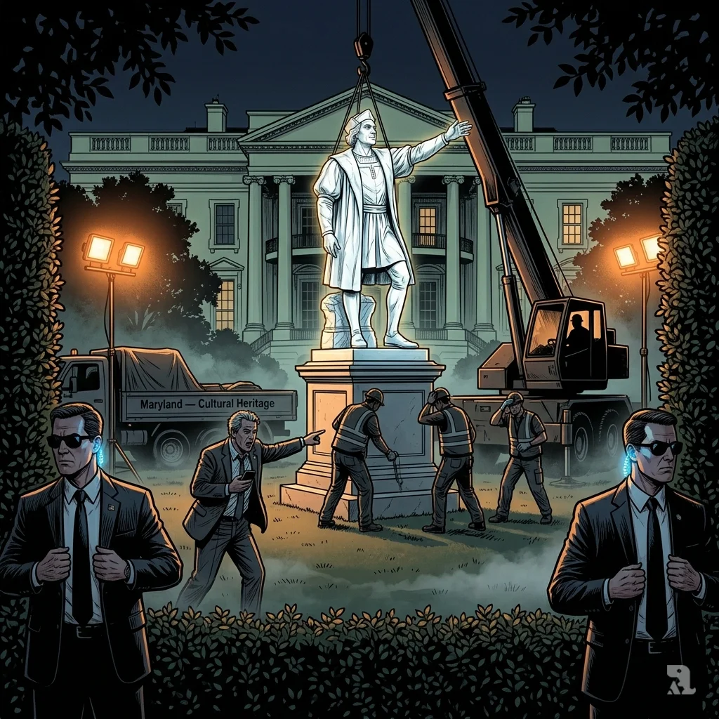 Secret nighttime installation of Columbus statue at White House South Lawn with crane and Secret Service.
