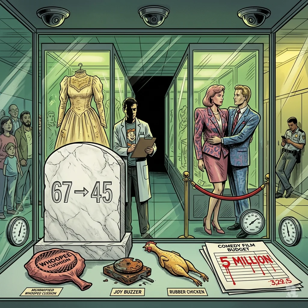 Museum display cases holding desiccated comedy props, mannequins in 1980s formal wear, and a marble graph showing genre decline.