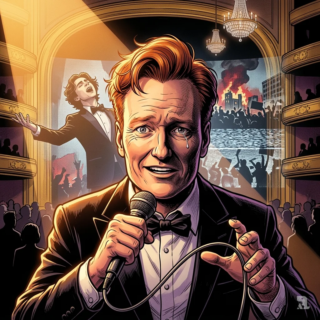 Host Conan O'Brien is captured in a split-lighting effect on stage, his expression shifting from a manic grin to somber gravity. Behind him, a ghostly silhouette of Timothée Chalamet is being gently mocked, while the background dissolves into shadowy news footage of global turmoil, suggesting the serious world beneath the comedy.