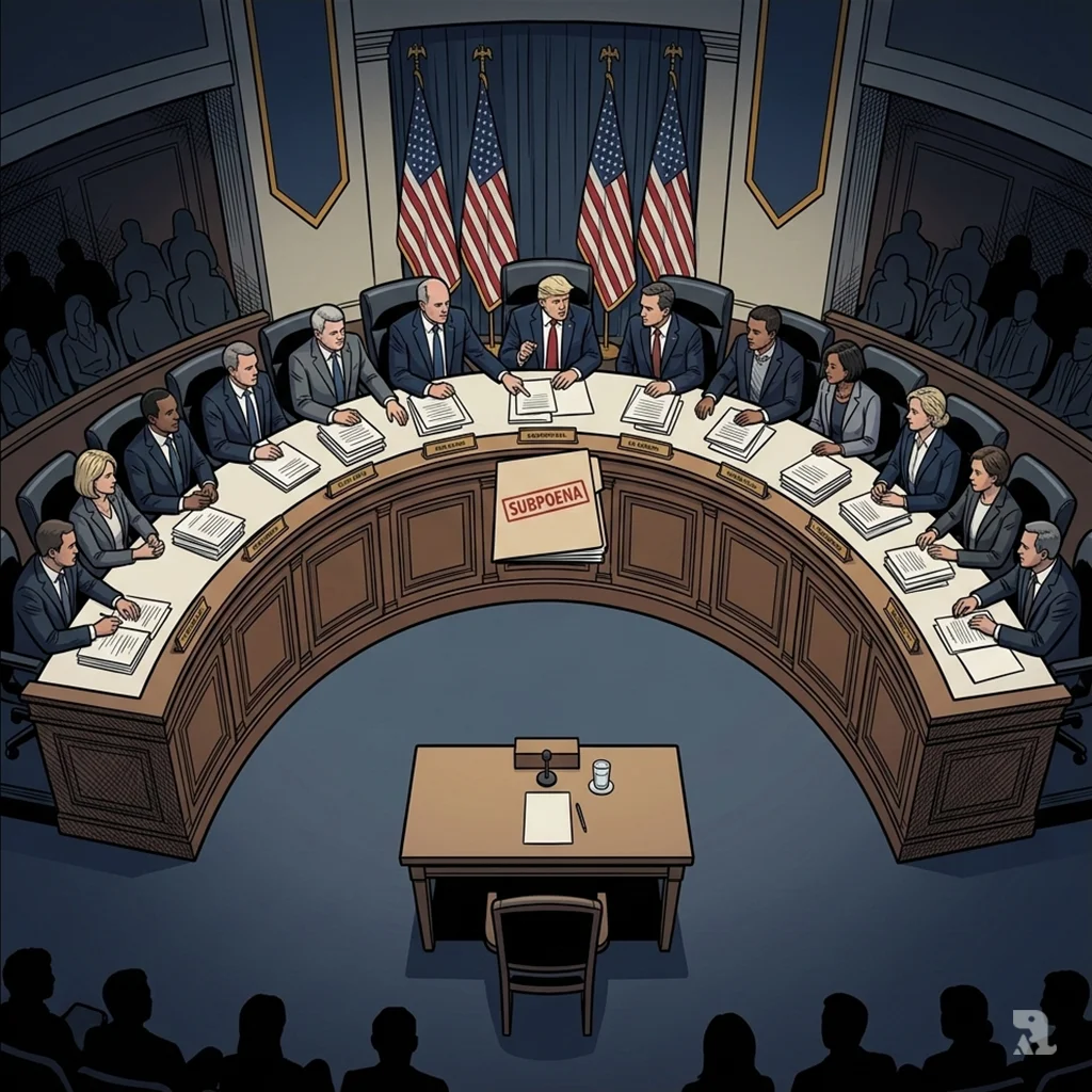 A House Oversight Committee hearing room votes to subpoena Attorney General Pam Bondi, demanding the missing Epstein files, with a red "SUBPOENA" folder on the table.