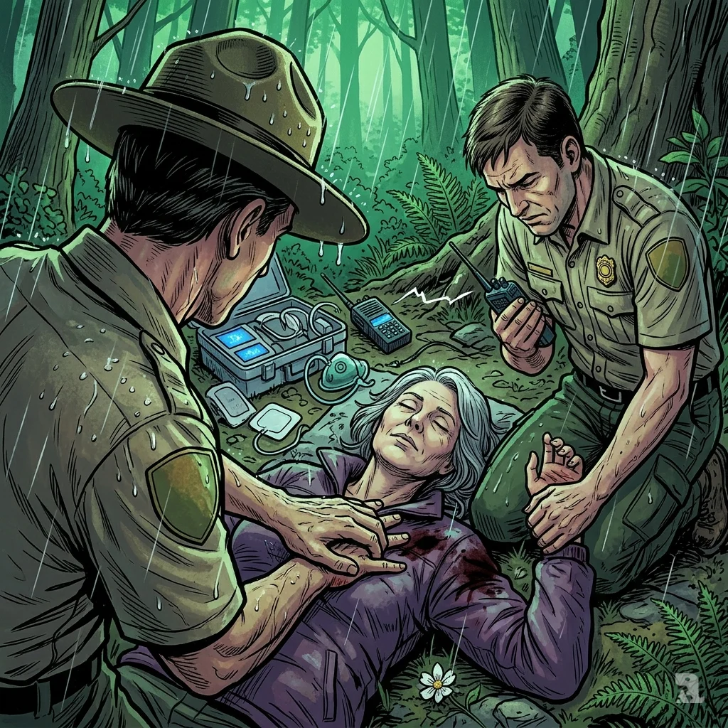 A close-up of ranger hands performing CPR on a victim in the rain. Medical equipment is scattered on the forest floor amid the desperate rescue attempt.