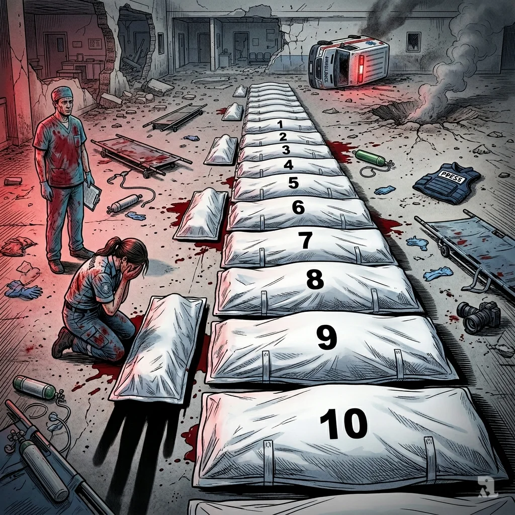 Row of white body bags, including small child-sized bags, in a hospital courtyard in Lebanon; a paramedic kneels in grief.