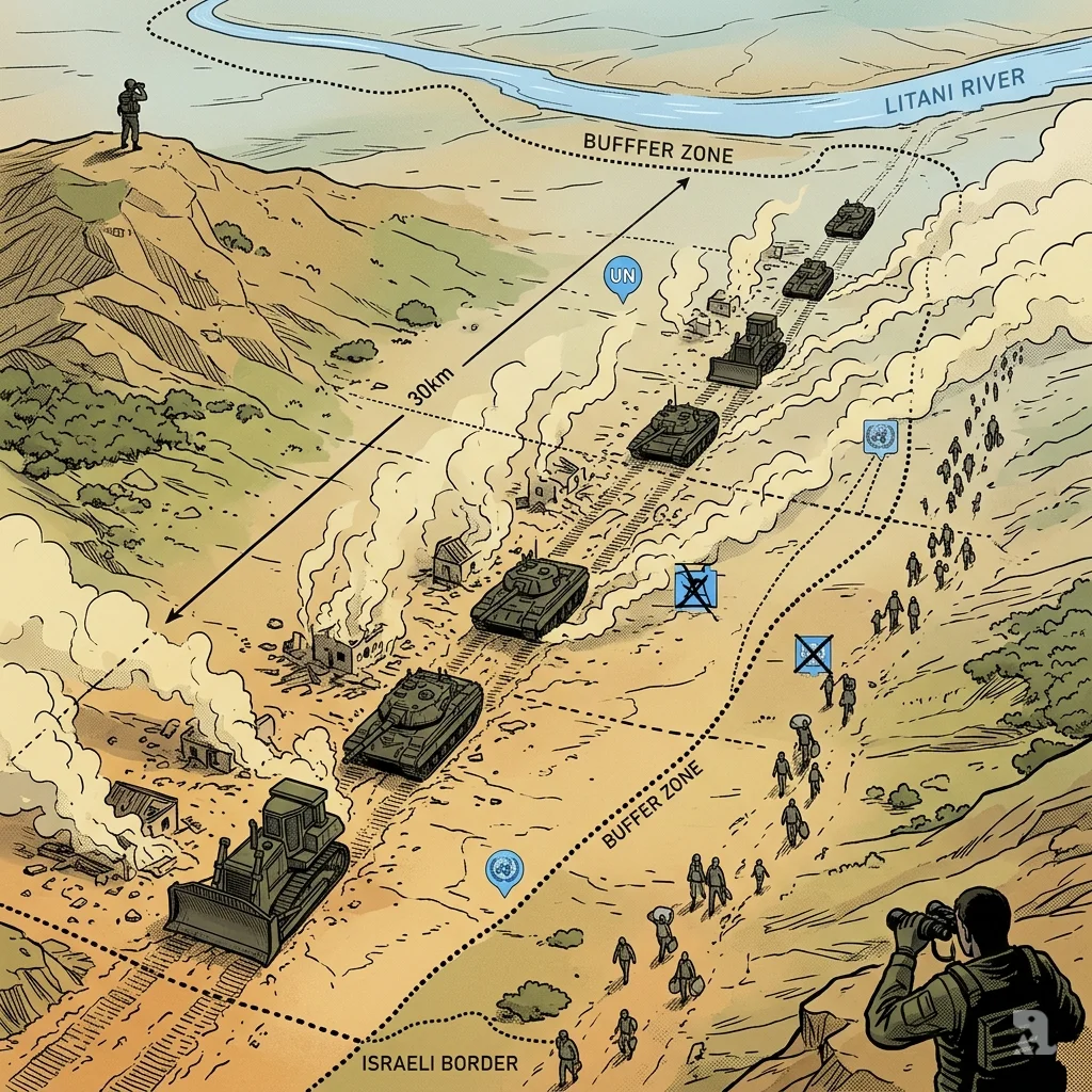 Bird’s eye view of southern Lebanon showing military bulldozers creating a corridor of destruction; refugees stream toward Litani River.