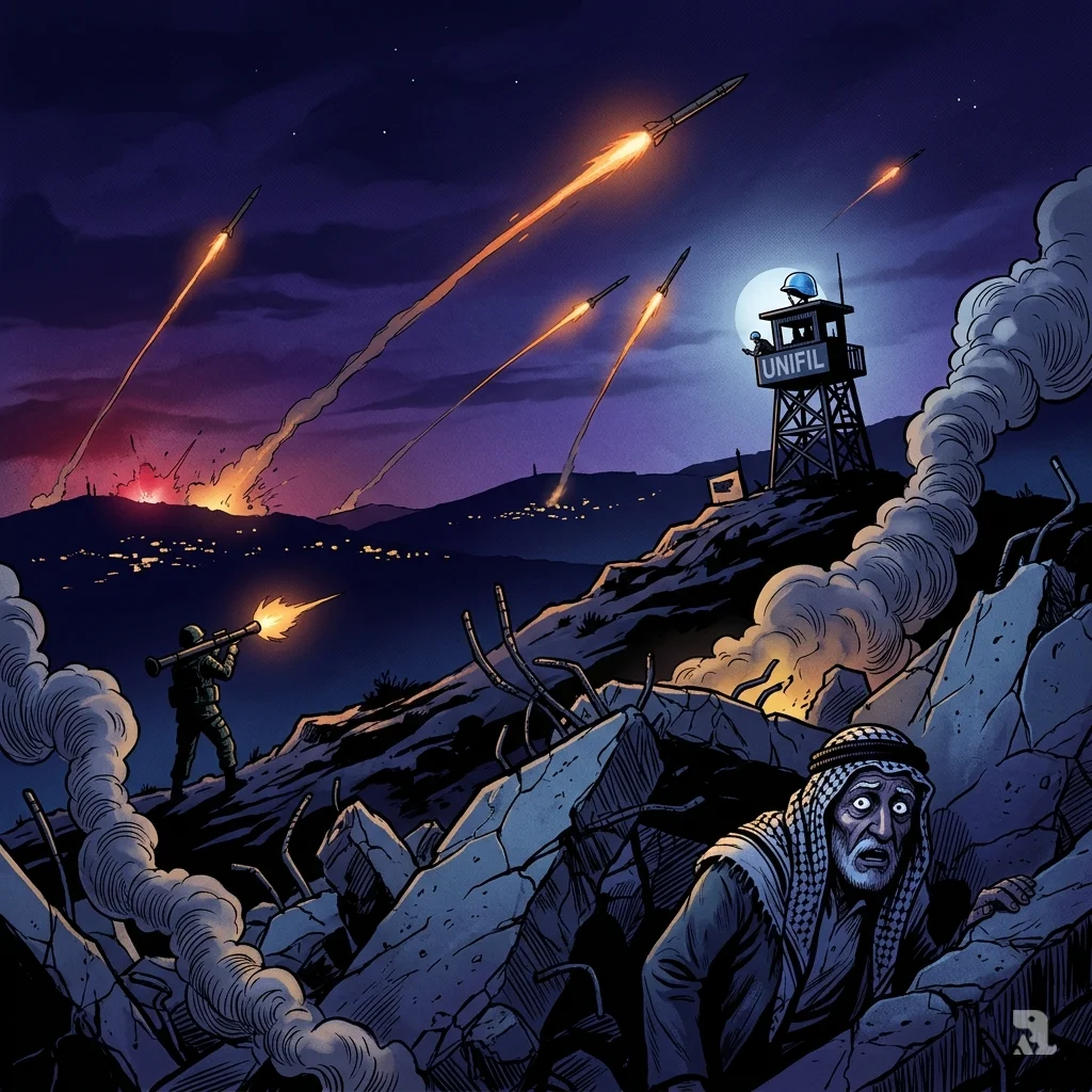 Rocket trails streak across night sky over southern Lebanon border; silhouetted UN watchtower and civilians take cover amid rubble.