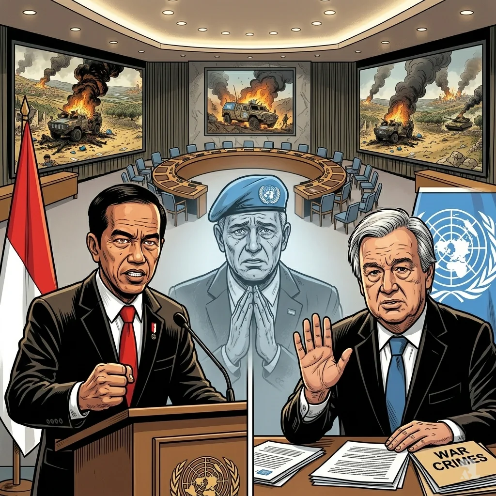 Split scene shows Indonesian president at podium and UN Secretary General; ghostly overlay of peacekeeping chief and war crimes folder.