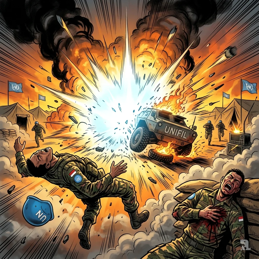 Explosion engulfs a UNIFIL armored vehicle in southern Lebanon, throwing an Indonesian peacekeeper; wounded soldiers collapse nearby.