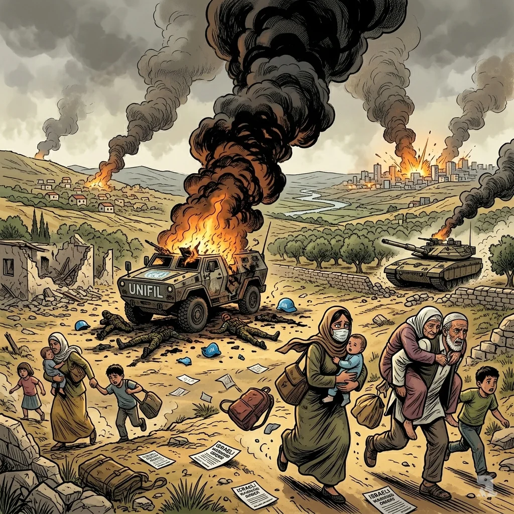 Burning UN vehicle and fleeing Lebanese civilians amid airstrike plumes; evacuation leaflets scatter near demolished homes.
