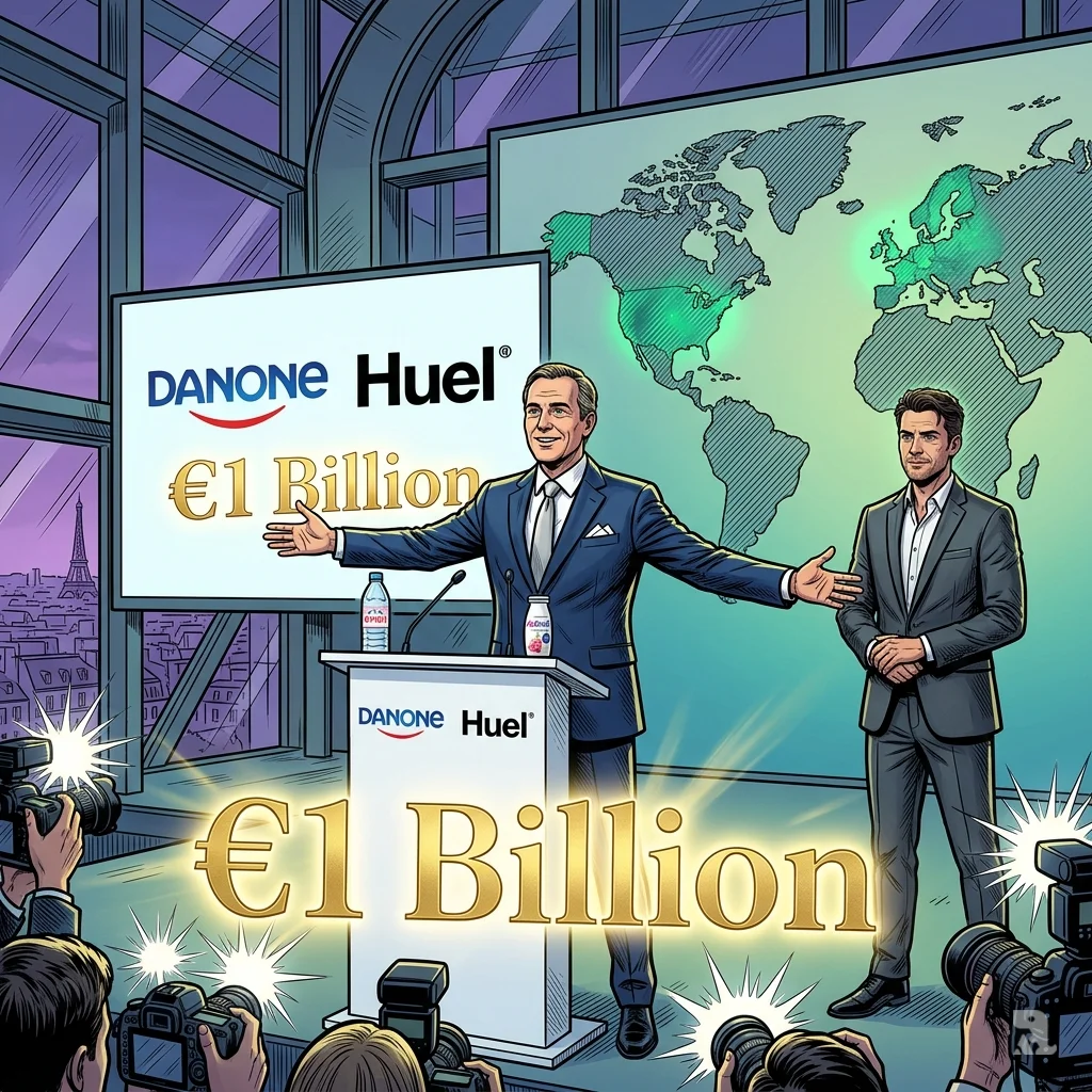 Danone CEO and Huel executive stand at a podium with a glowing €1 billion logo as press cameras flash.