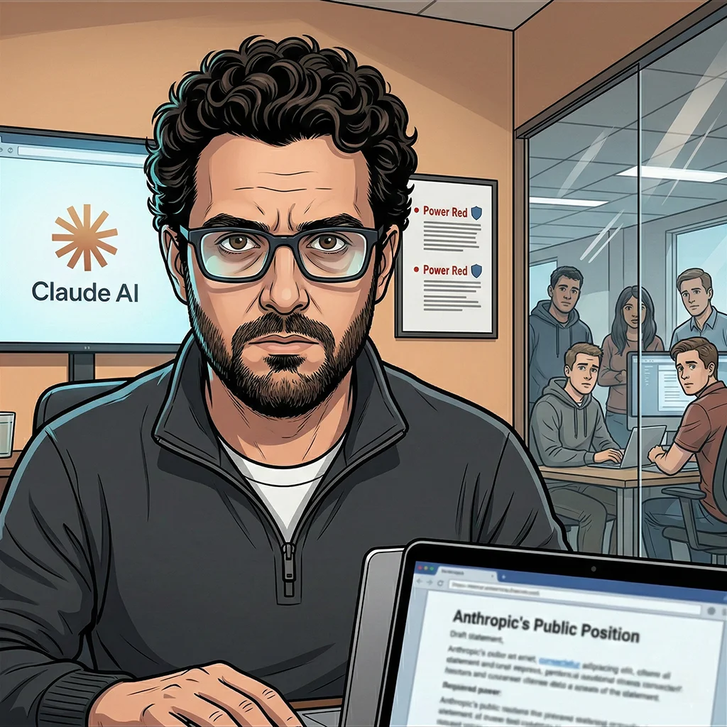 Anthropic CEO Dario Amodei sits resolutely at his desk in San Francisco, his face illuminated by a screen, preparing a public statement defending his company's AI safety principles.