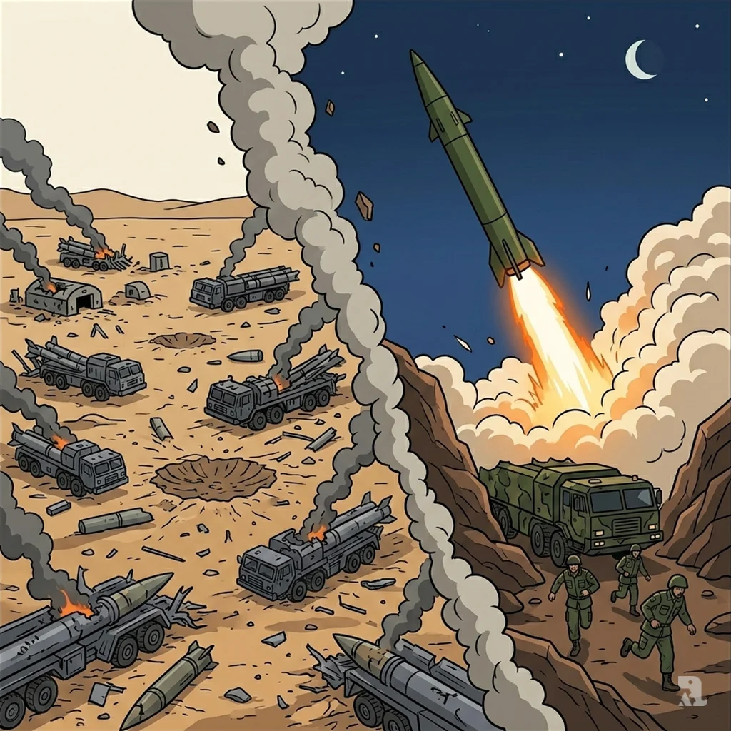 A destroyed Iranian missile compound with wrecked launchers contrasts with a hidden site where an Iranian ballistic missile launches defiantly into the dusk sky.