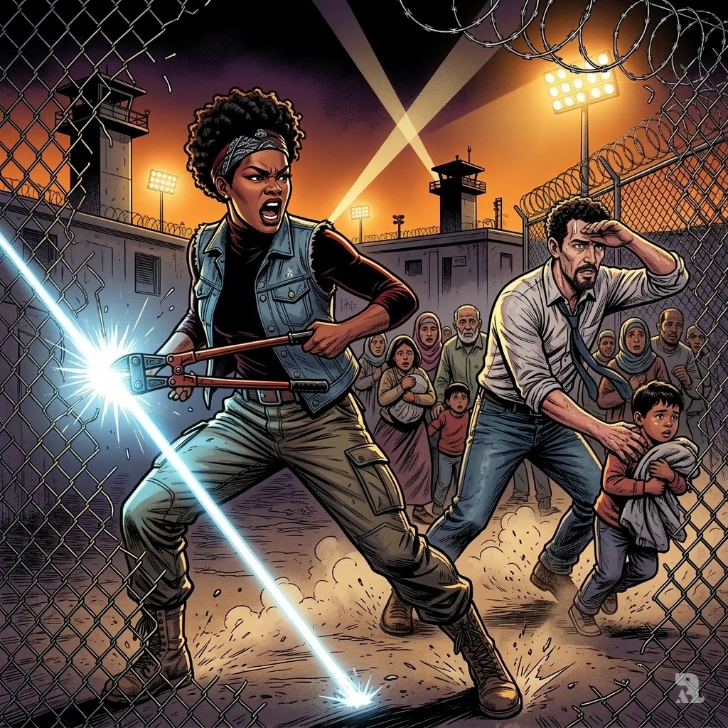 Dynamic action shot of activist Perfidia using bolt cutters to breach a fence at a night-time detention camp as Leonardo DiCaprio's character helps desperate families escape through the sparks and floodlights.
