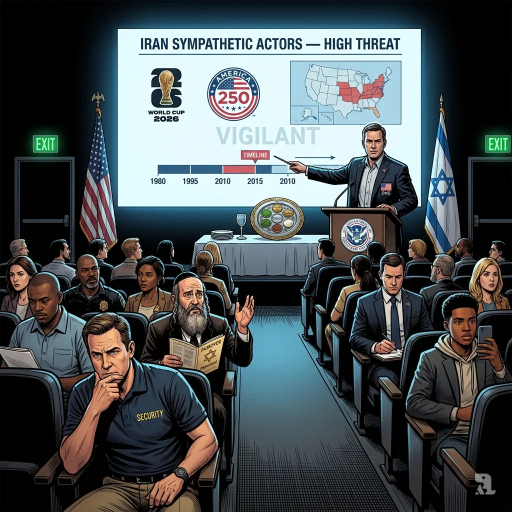 A darkened briefing room where a DHS official points to a threat map on a large screen, warning security leaders of potential attacks.