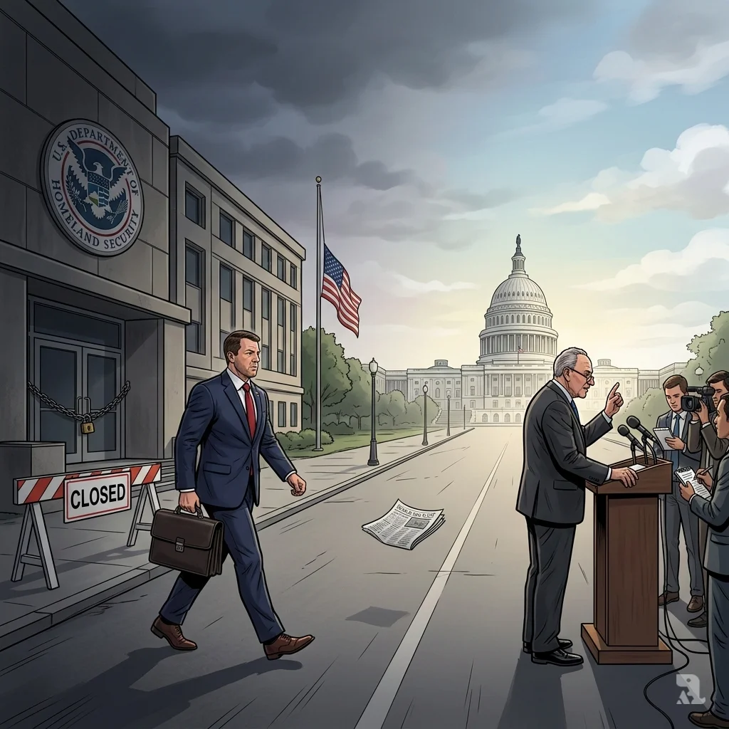 Wide shot of the shuttered DHS headquarters as Senator Mullin walks toward it. In the distance, Senator Schumer addresses press, declaring a problem of policy, not personnel.