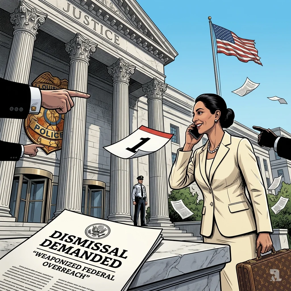 A cream‑suited official talks on a phone outside the Justice Department; a dismissal demand document lies in the foreground.