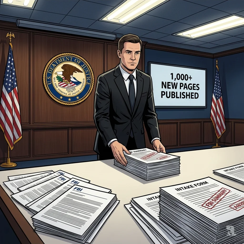 A Justice Department official places a stack of new documents on a table in a formal press room as part of the Epstein files release.