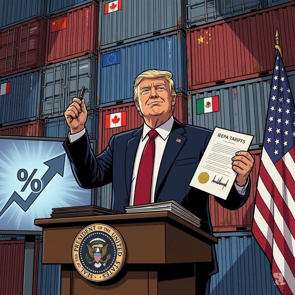 President Trump stands at the White House podium signing IEEPA tariffs, with a wall of international shipping containers behind him, symbolizing his sweeping trade policy.