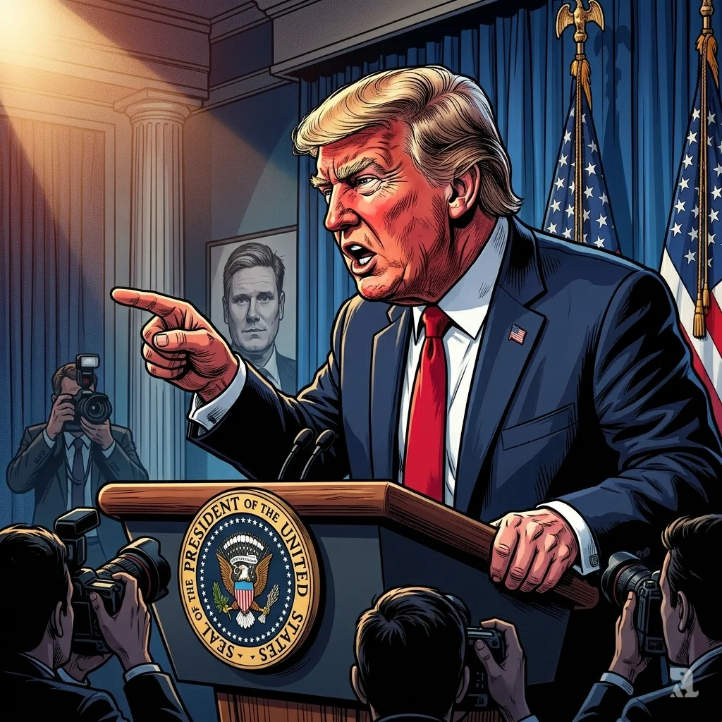 Donald Trump points accusingly at a podium in the White House briefing room, his expression furious, with the presidential seal prominently displayed.