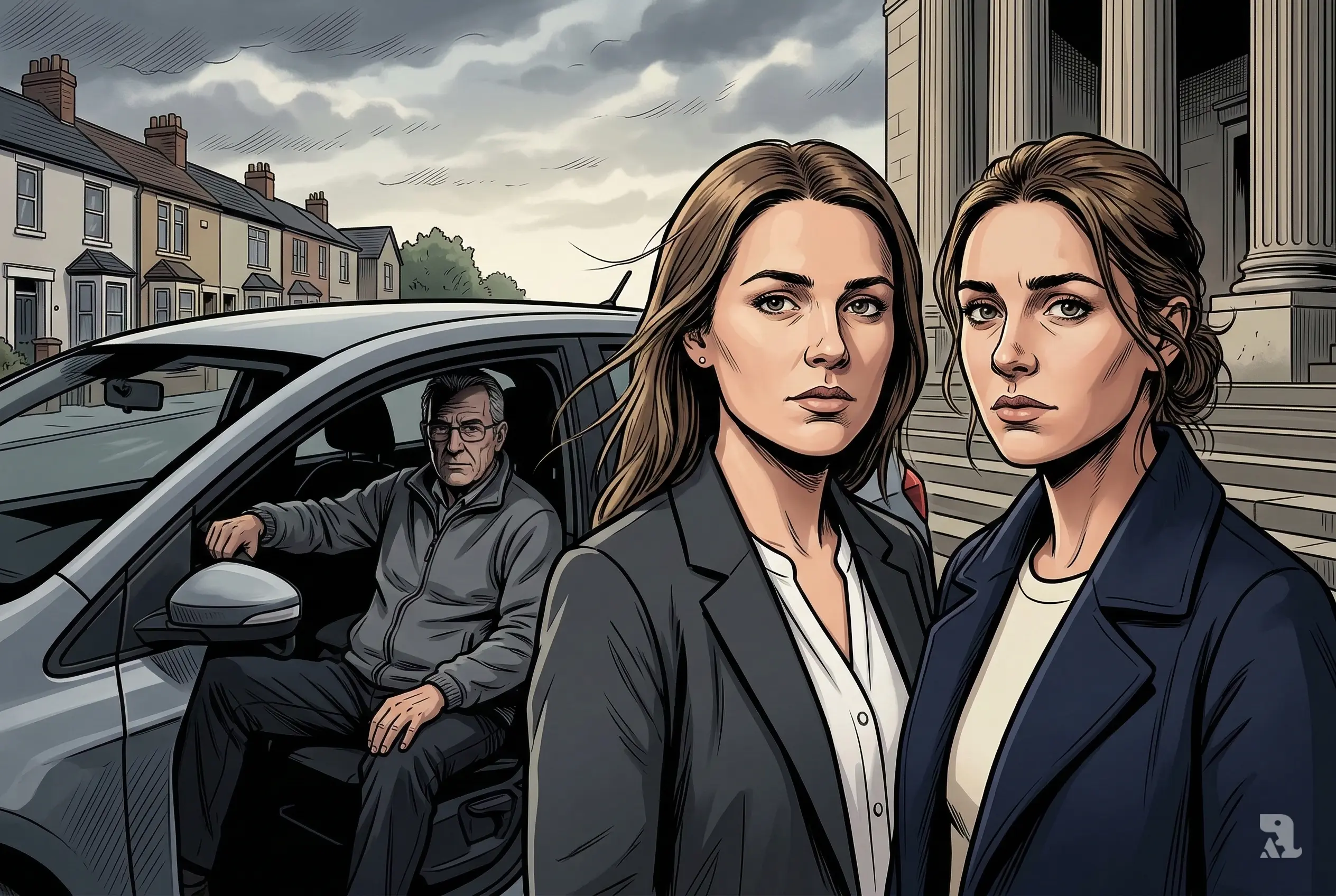 Two survivors stand determined in the foreground while a shadowed driving instructor sits inside a car behind them, symbolizing a UK sexual abuse case involving driving lessons and a fight for justice.