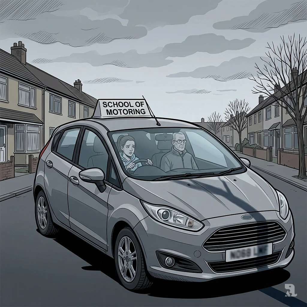 A grey dual-control driving school car sits isolated on an empty suburban road in Gloucestershire. Two silhouettes are visible inside, suggesting a lone instructor and pupil.