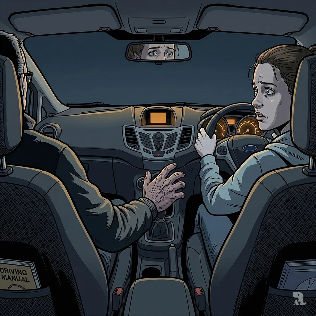 Inside a cramped car interior, an older man's hand reaches across the gear console toward a young woman's leg. Her hands are frozen on the steering wheel.