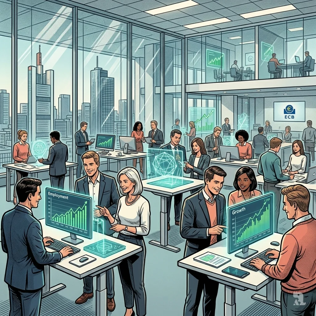 Office workers in Frankfurt collaborate with holographic AI displays and examine positive growth charts in a modern, sunlit workspace.