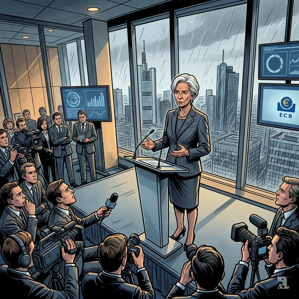 ECB President Christine Lagarde addresses a tense press conference at the Frankfurt headquarters, with journalists watching closely under overcast skies.