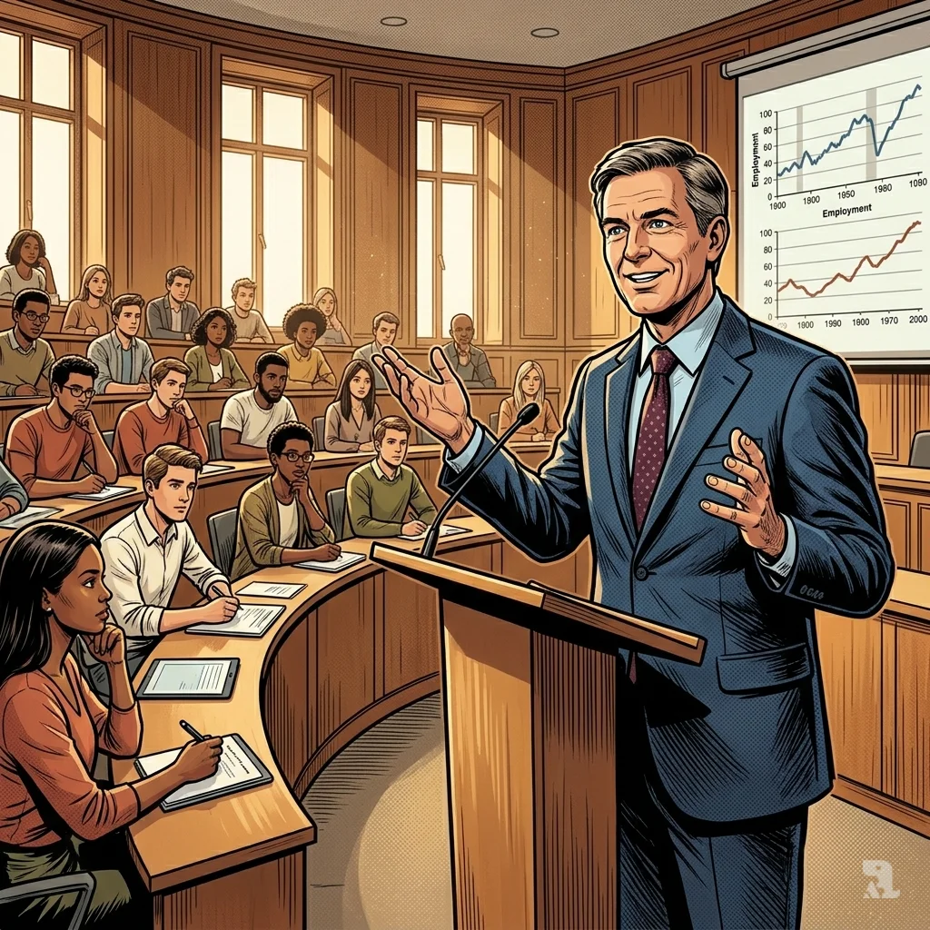 Bundesbank President Joachim Nagel speaks confidently to university students in Karlsruhe, warm afternoon light filling the modern lecture hall.